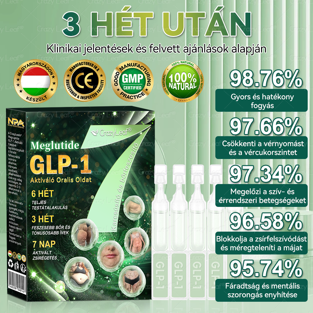 Mayo Klinika által ajánlott | Hivatalos Márkabolt | CrazyLeaf® Meglutide GLP-1 Aktiváló Oralis Oldat – Tartalmaz moringát, NAD+-t és yerba matét, természetes támogatás fogyáshoz, öregedésgátláshoz és cukoranyagcseréhez