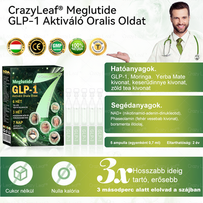 Mayo Klinika által ajánlott | Hivatalos Márkabolt | CrazyLeaf® Meglutide GLP-1 Aktiváló Oralis Oldat – Tartalmaz moringát, NAD+-t és yerba matét, természetes támogatás fogyáshoz, öregedésgátláshoz és cukoranyagcseréhez